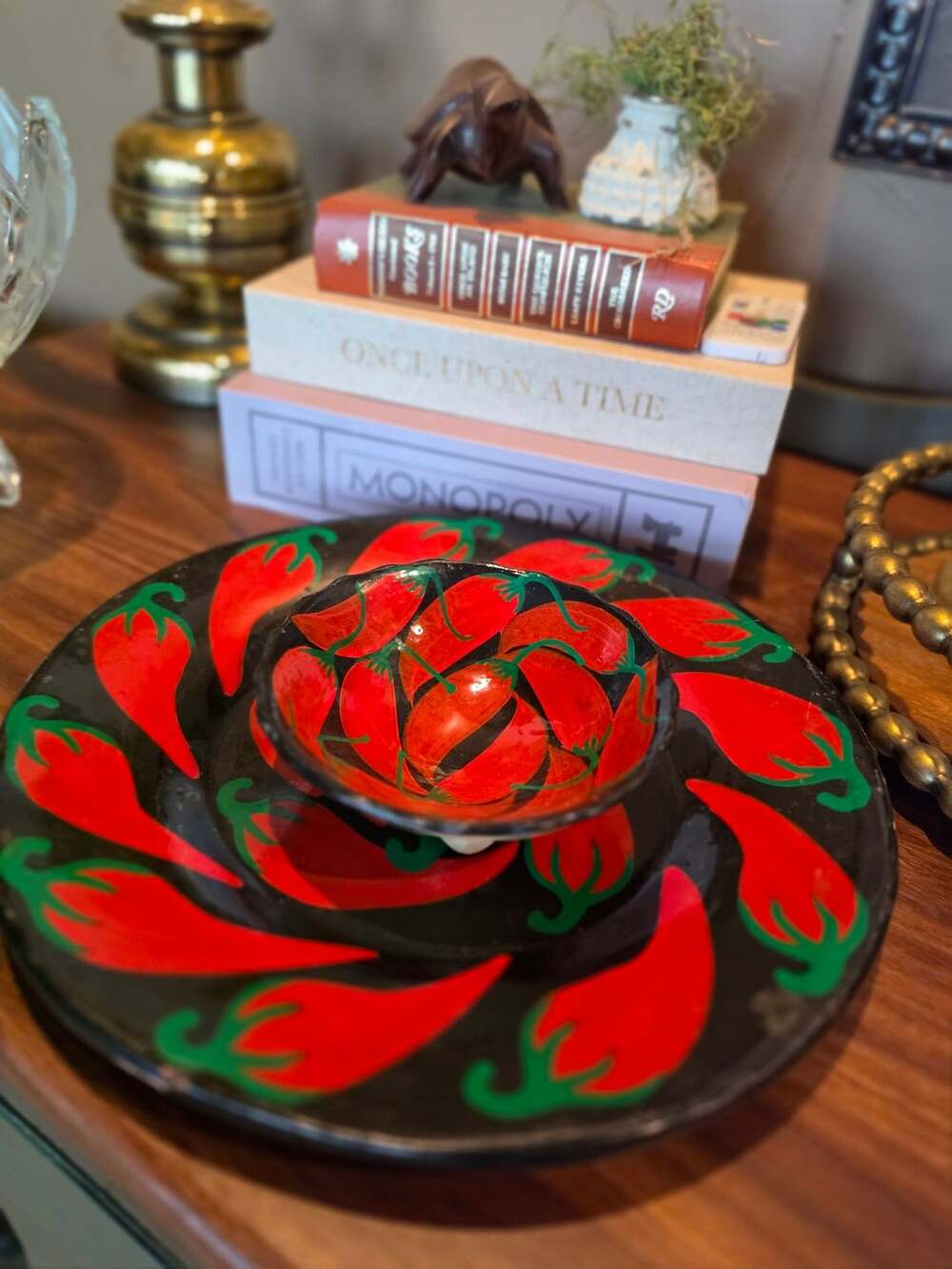 Mexican Art Pottery Chili Pepper Plate And Bowl Set